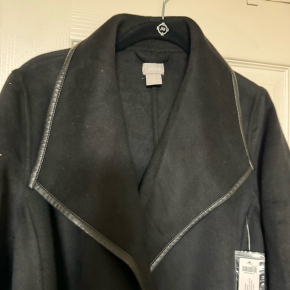 Chicos Wool Coat with Faux Leather Trim Black  New with Tags size 2 - Picture 3 of 4